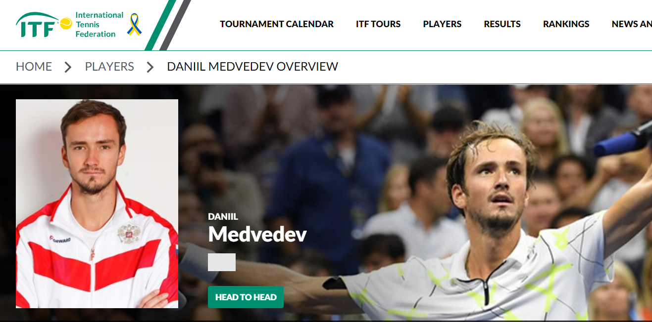 Daniil Medvedev's profile, with no mention of Russia and a blank space where the flag should be.