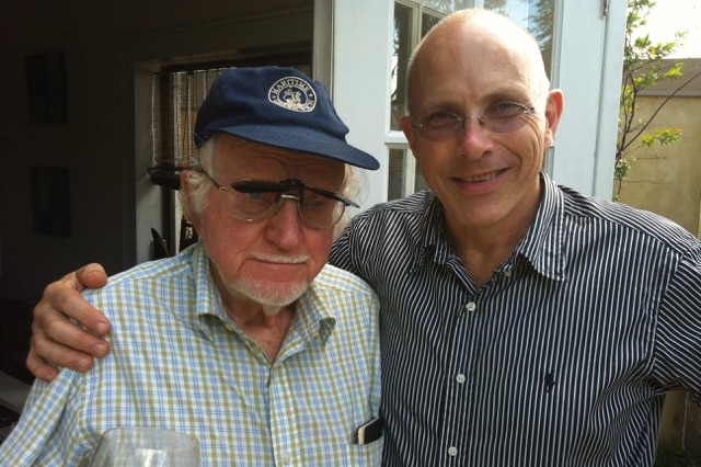 Composer Nigel Westlake smiling with his arm around his father, clarinettist Donald Westlake.