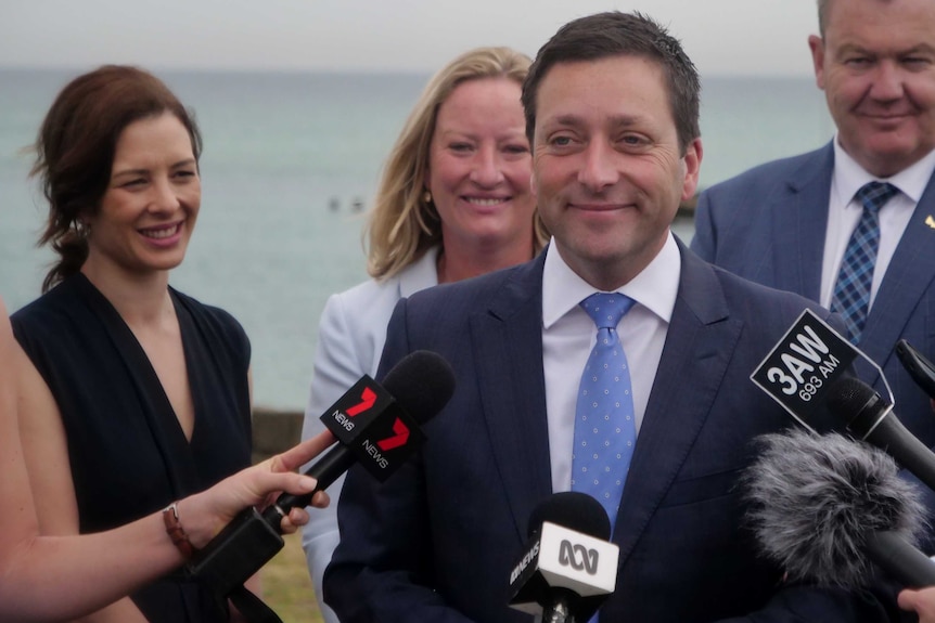 Matthew Guy speaking at a doorstop at Carrum.