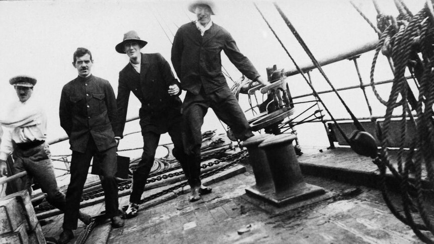 Xavier Mertz, Harry Corner, Percy Gray and Belgrave Ninnis aboard the Aurora.
