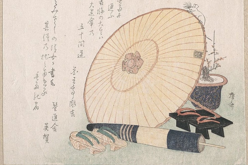 A Japanese artwork showing an umbrella and thong-like sandals