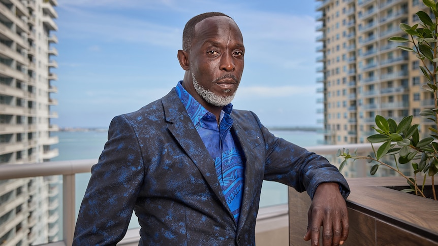 Michael K Williams looks at the camera while posing in a dark blue suit.