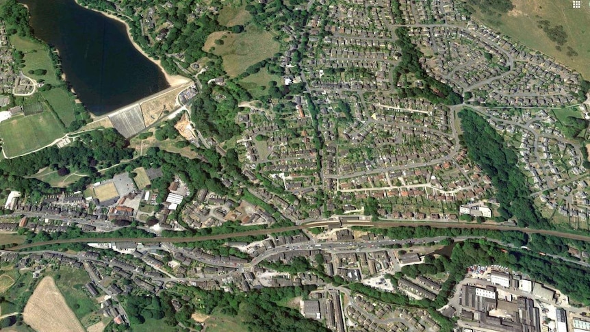 An satellite map of Whaley Bridge that shows a reservoir near the main part of the English town.