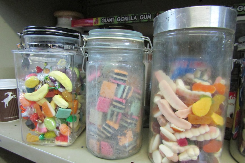 A set of lolly jars are kept in the props department to use on set.