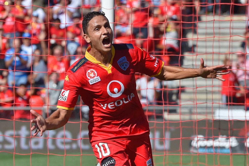 Marcelo Carrusca celebrates his goal for Adelaide United against Newcastle