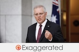 Prime Minister Scott Morrison wears a suit and gesticulates in front of Australian flag.
