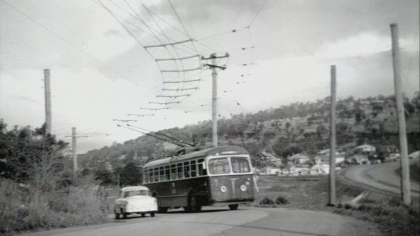 Trolley buses in Hobart used overhead wires and electricity for power.