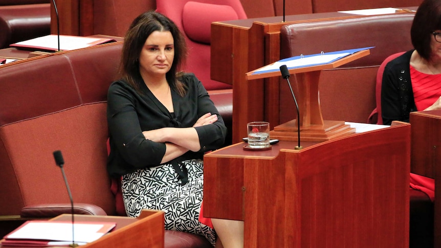 Jacqui Lambie sits in the Senate with her arms folded.