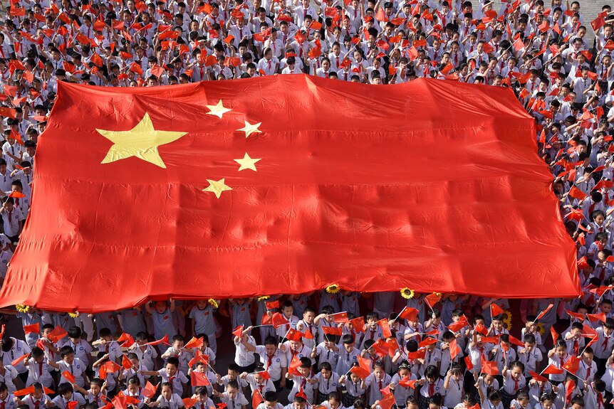 小学生举着中国国旗。