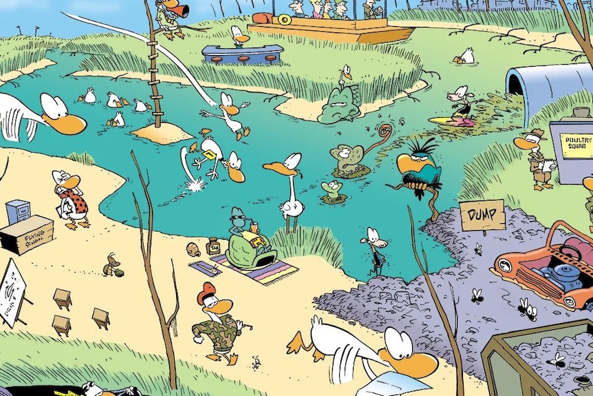 A comic poster of Swamp featuring the ducks, frogs, and other creature cartoon characters from the Swamp universe