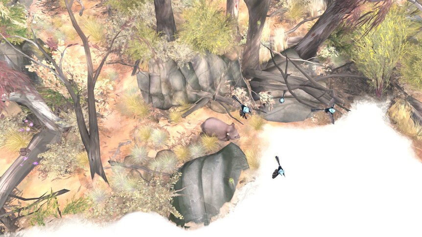 A screenshot from a three dimensional video game showing a wombat in a bush landscape interacting with three fairy wrens