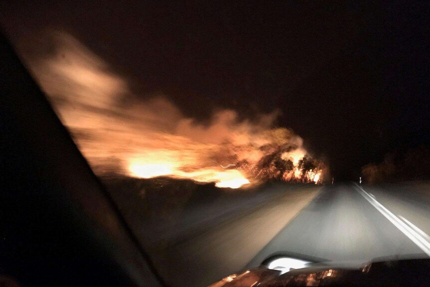 A blurry image taken from inside a car of a bushfire burning at night near a road.