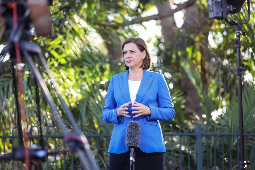 A woman looks worried standing in front of microphone.