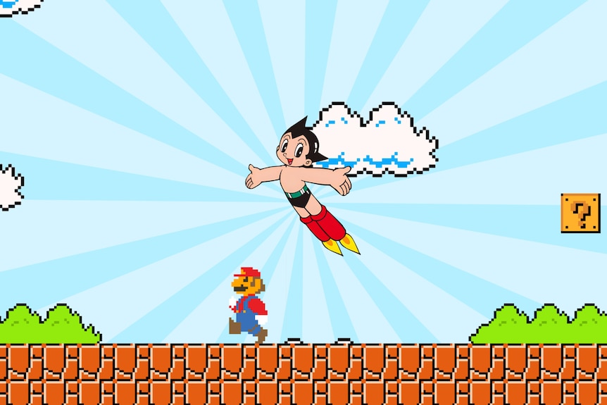 A photo of Astro Boy with Mario running underneath.