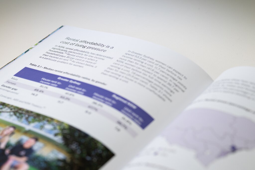 A booklet showing the NSW state budget, with the title 'rental affordability' as a title.