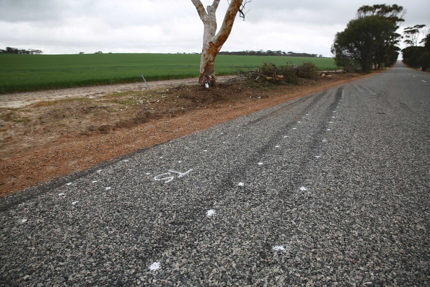 Skid marks on the Brookton-Corrigin Road after a semi-trailer crashed into a parked car.