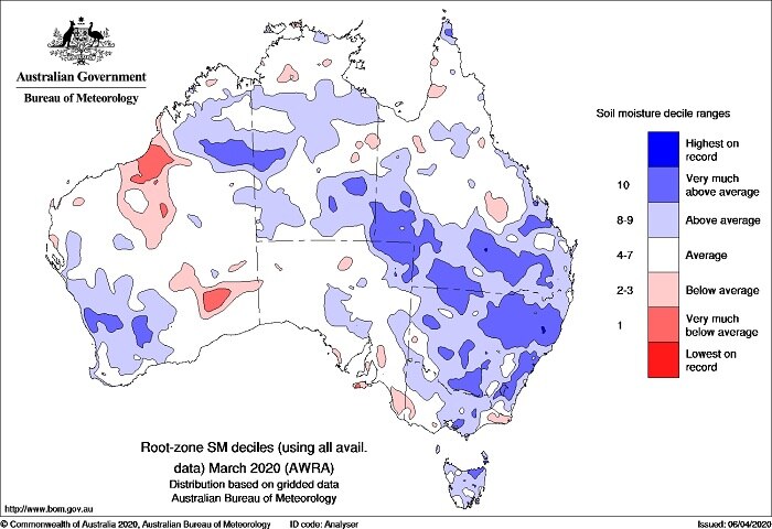 Map of Australia, inland NSW and southern QLD mainly blue indicating above average soil moisture.