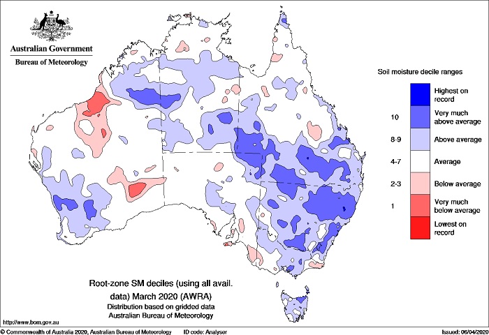 Map of Australia, inland NSW and southern QLD mainly blue indicating above average soil moisture.