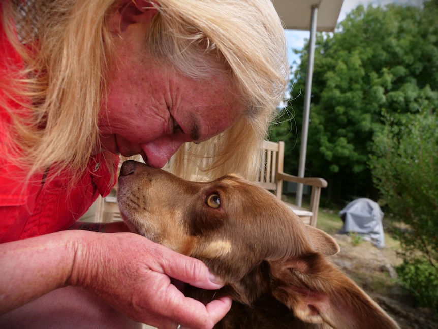 Close shot of a woman leaning down to look into the eyes of a dog, who is looking away.