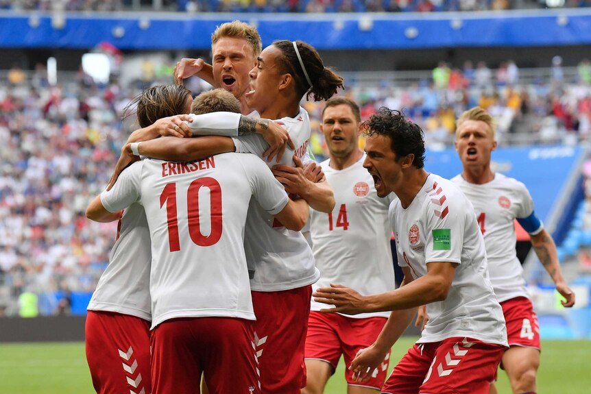 Denmark celebrates goal against Australia