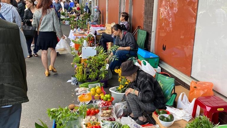 A photo of an elderly person selling fruit and flowers
