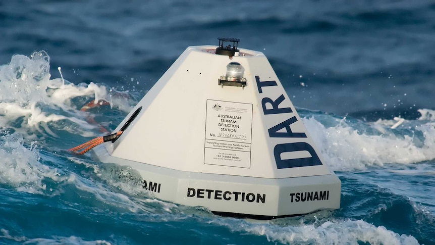 A tsunami detection buoy floats on the water's surface.