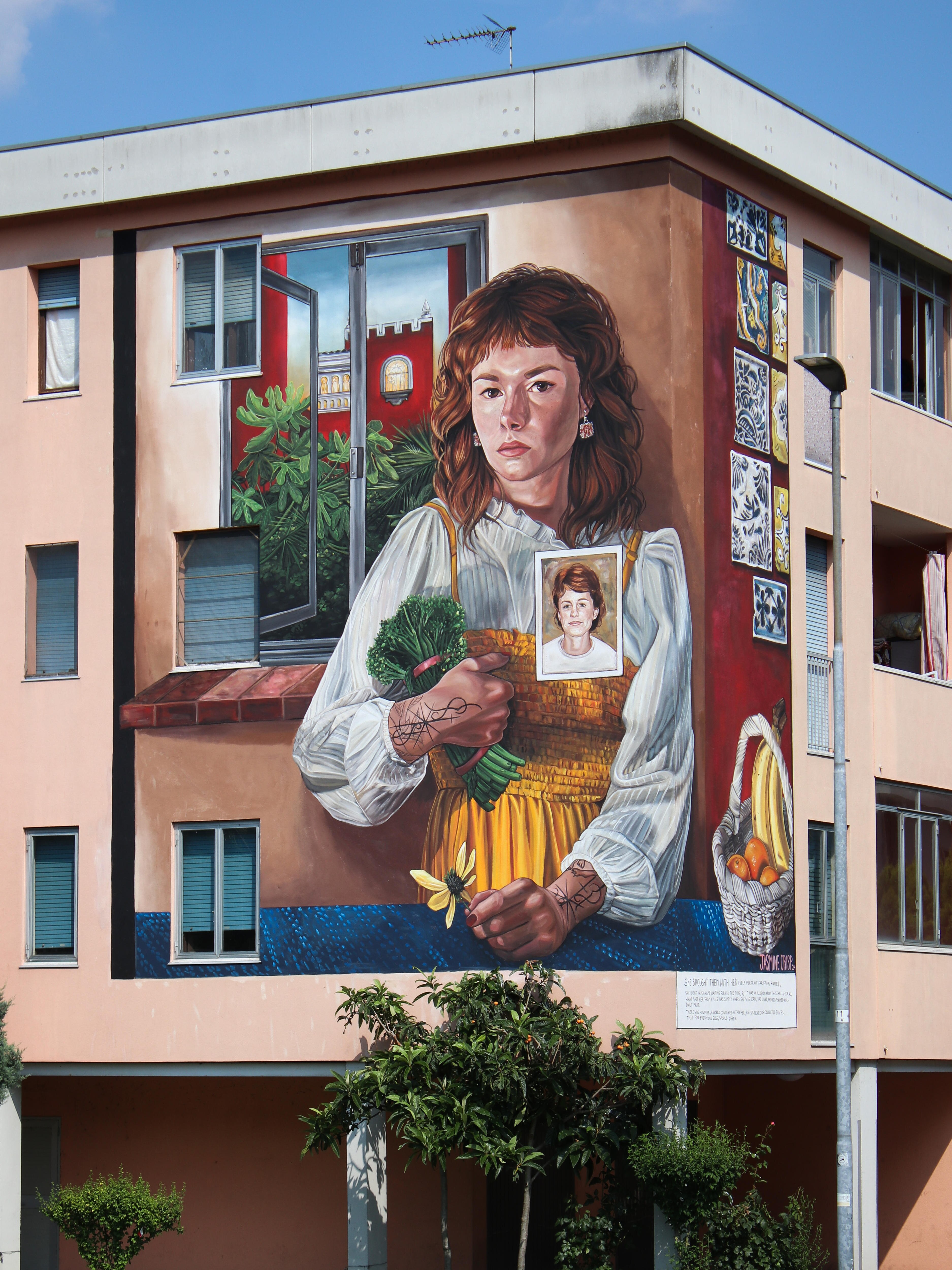 A large portrait of the artist painted on the side of an appartment building. It pictures the artist gazing out at the viewer