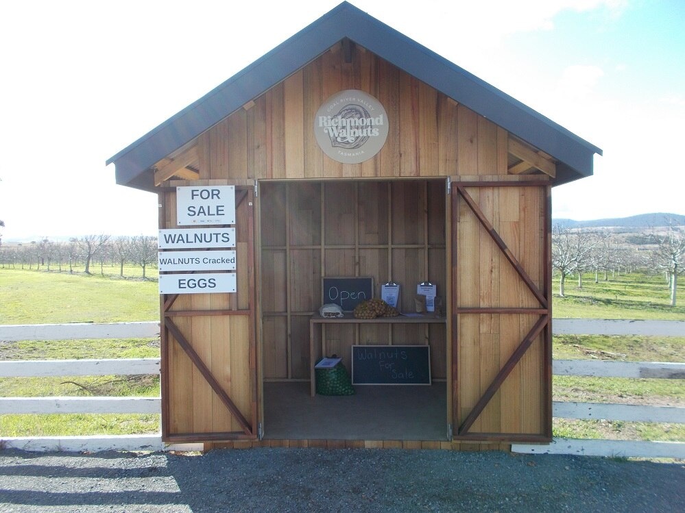 A roadside stall selling walnuts in an honesty box