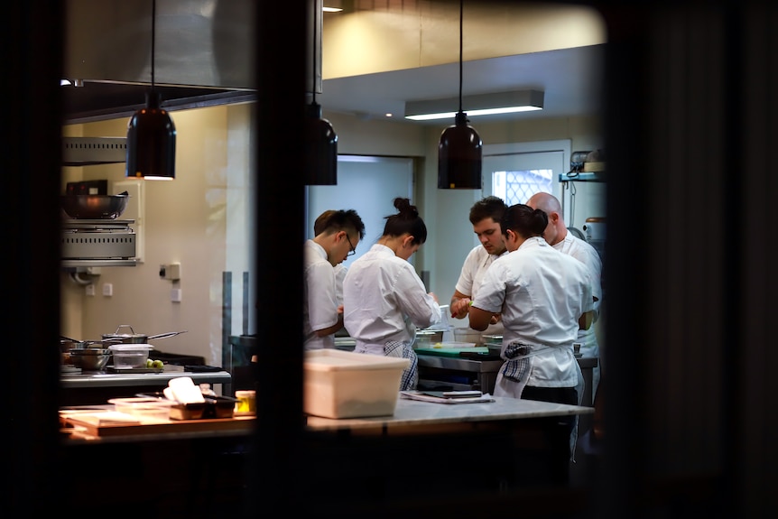 a group of six chefs wearing white shirts stand preparing food in a large commercial kitchen