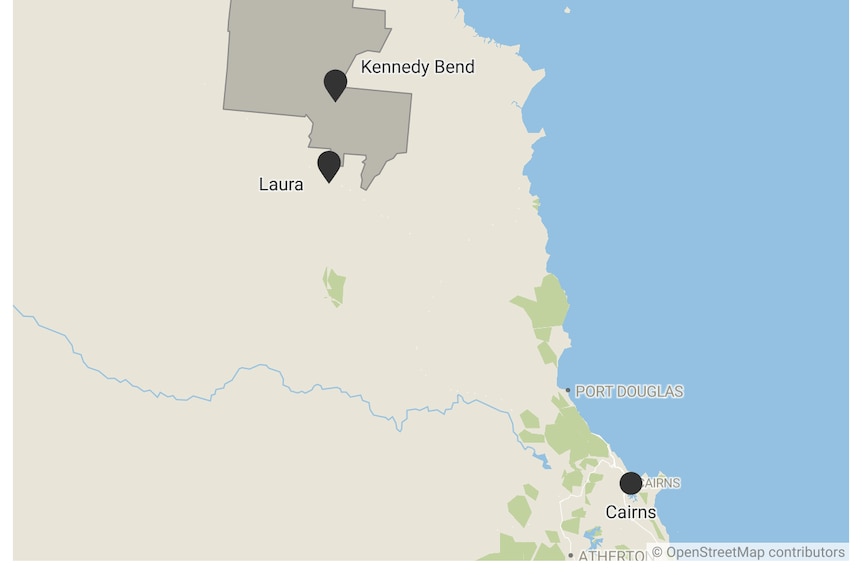 A map showing locations of Kennedy Bend, Laura, and Cairns.