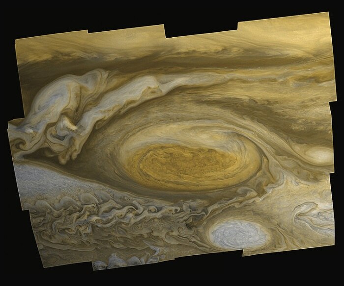 A close-up view of Jupiter's swirling red spot