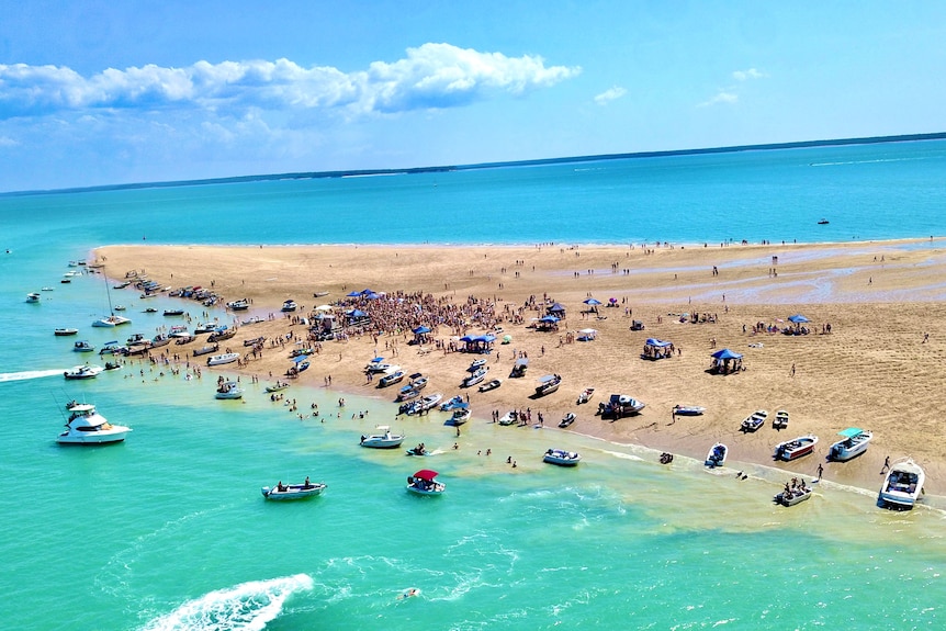 Aerial shot of a sandbar party off the Darwin mainland.