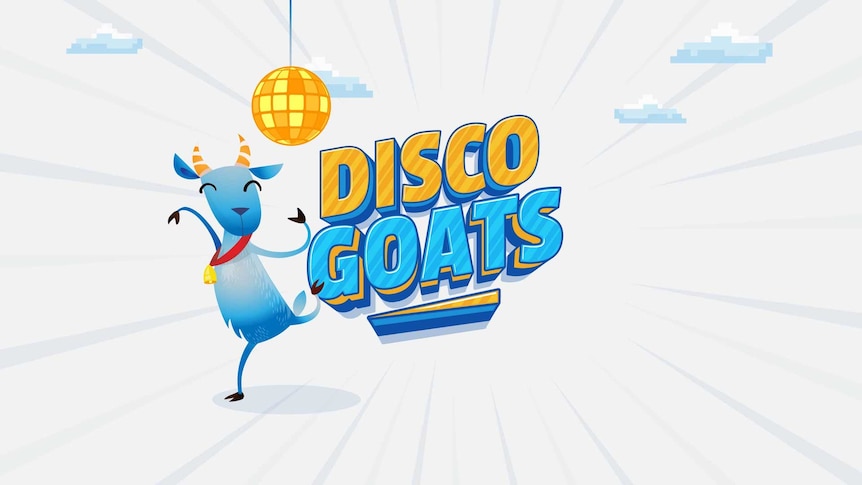 A groovy cartoon goat dances under a disco ball. The title reads Disco Goats.