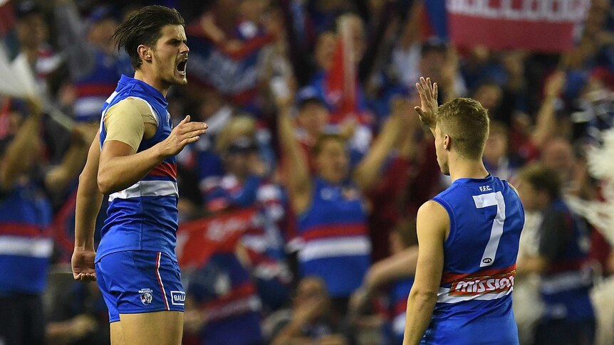Western Bulldogs' Tom Boyd (L) and Lachie Hunter celebrate a goal against Sydney at Docklands.