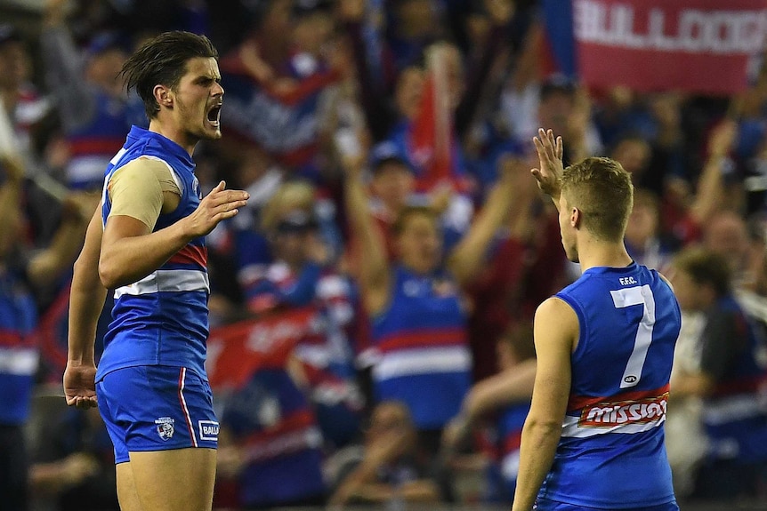 Tom Boyd and Lachie Hunter celebrate a goal for Western Bulldogs
