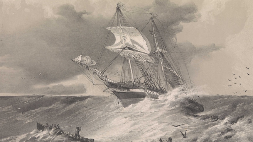 Sailing ship foundering in high seas