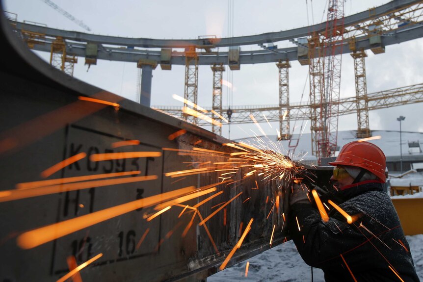 A worker at the Yekaterinburg Arena in Russia.