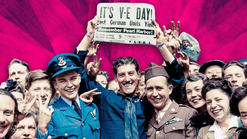 A photo from 1945 of happy people doing V signs with their fingers and one holding up a newspaper headlined with "It's V-E Day"
