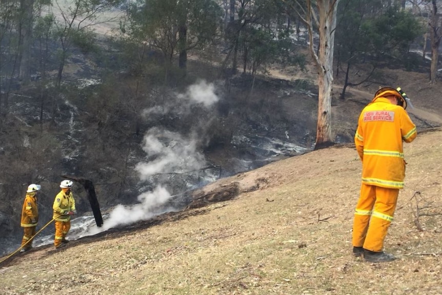 Firefighters stand near a gully that has been blackened by fire.