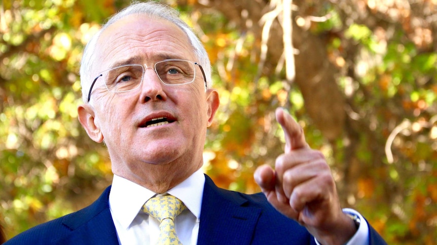 Malcolm Turnbull points as he speaks, with out of focus autumn leaves on trees in the background.