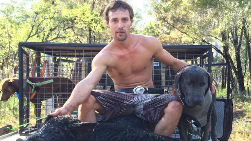 A young, shirtless man sits on the tray of a ute with a dog and the corpse of a wild pig.
