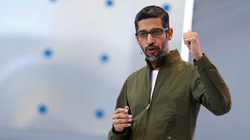 Google CEO Sundar Pichai speaks on stage during an annual Google developers conference