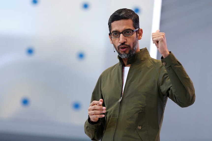 Google CEO Sundar Pichai speaks on stage during an annual Google developers conference