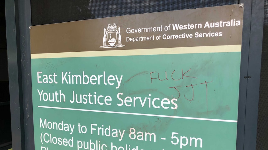 Graffitied sign at the East Kimberley Youth Justice Service office