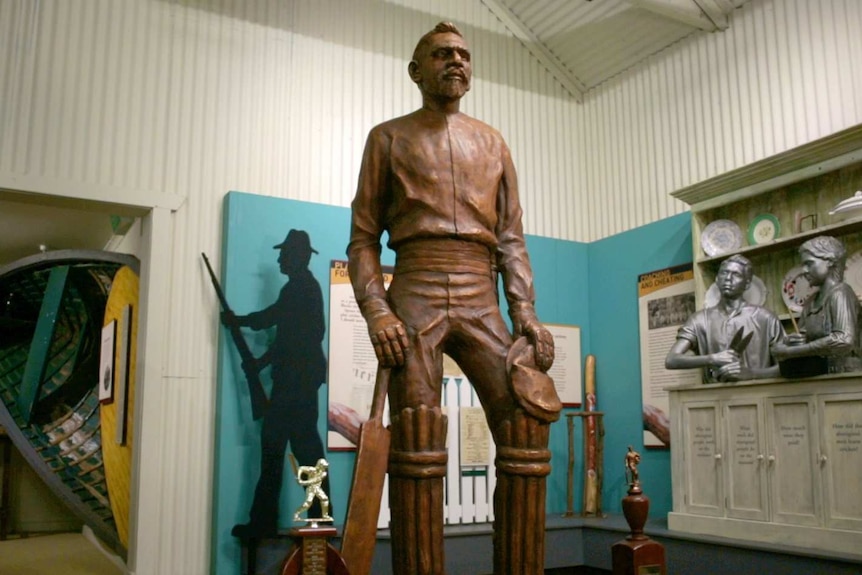 Johnny Mullagh (Unaarrimin) cricket statue located in Harrow Discovery Centre.  Mullagh was in the Aboriginal XI