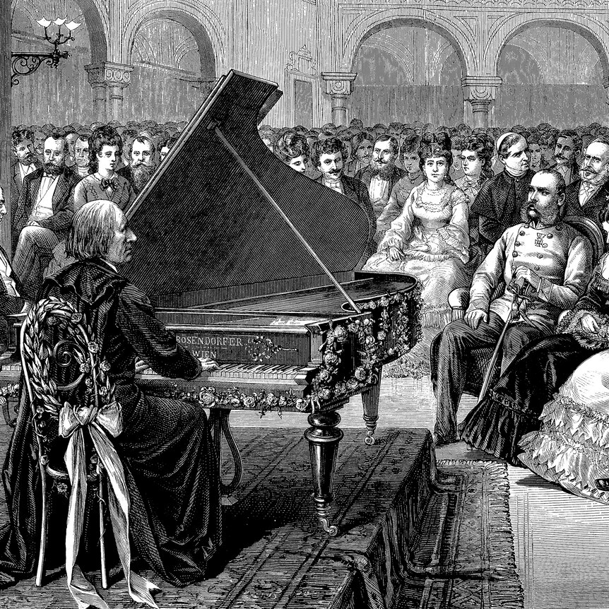 Illustration of Franz Liszt playing piano in front of a seated crowd. 