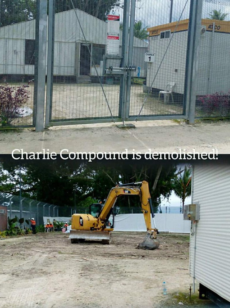 Composite image of Manus Island's Charlie compound. The bottom image shows the demolished site and a yellow excavator.