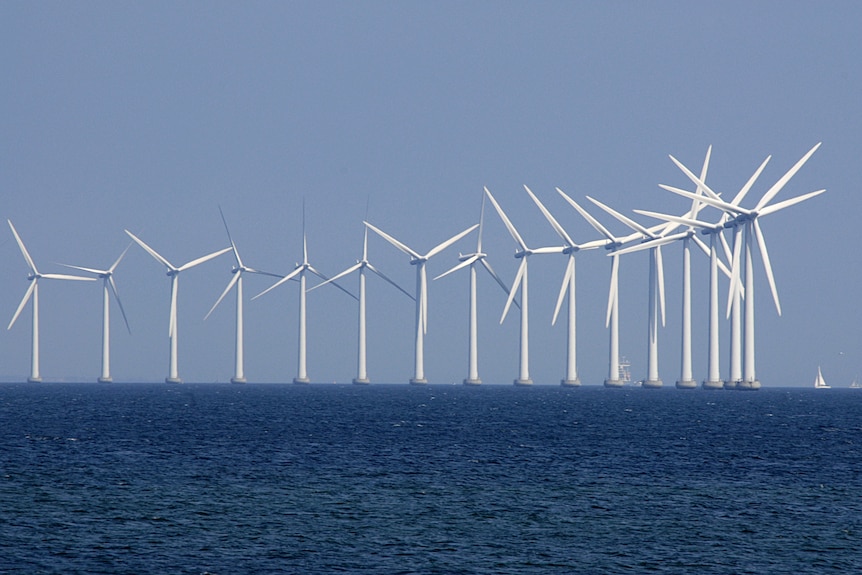 A row of wind turbines in the ocean