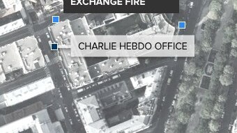 Overhead image showing the location of the Charlie Hebdo shootings and exchange of fire with police.