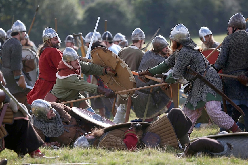 Re-enactors fight in the Battle of Hastings